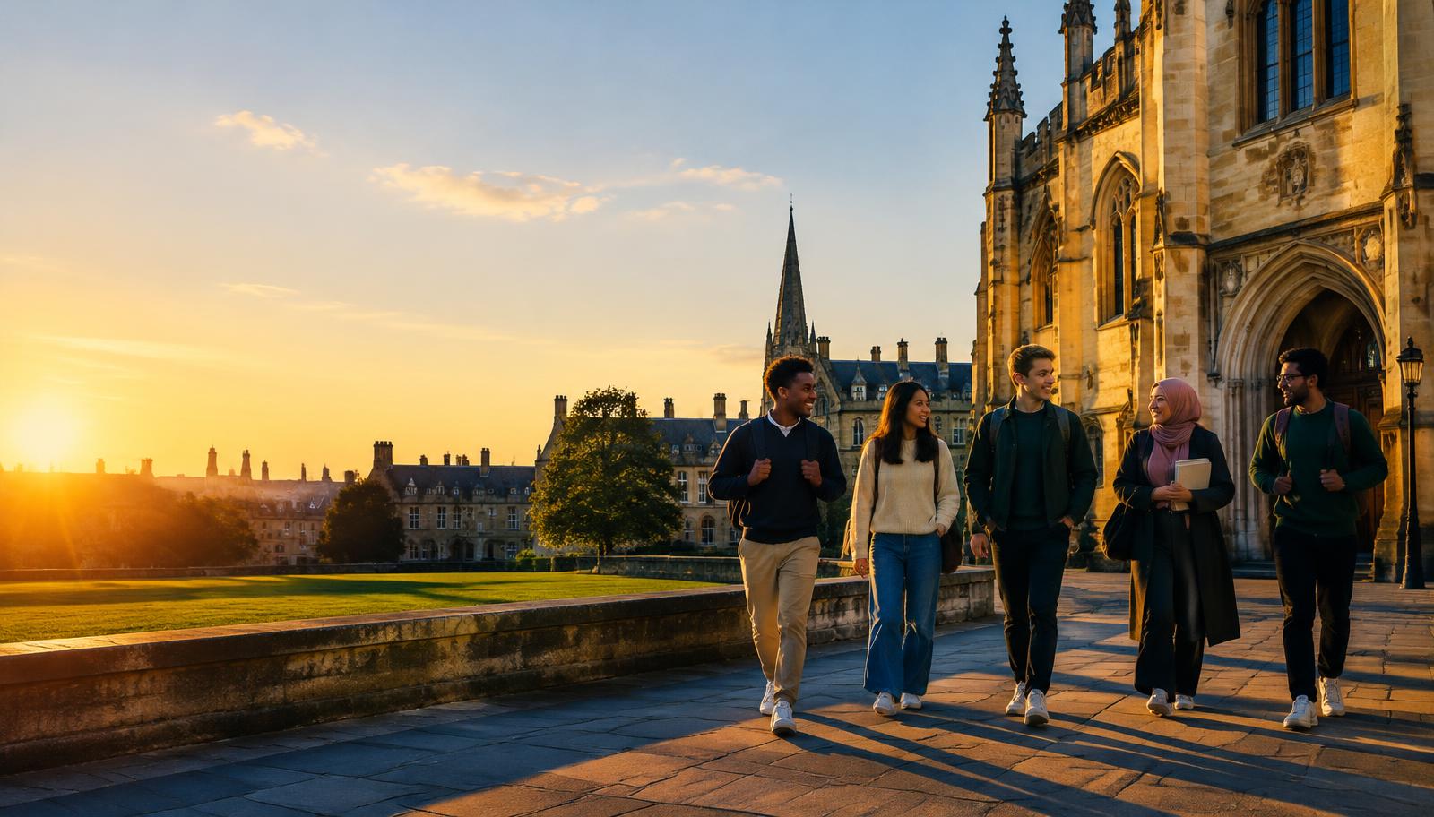 International students walking across a university campus